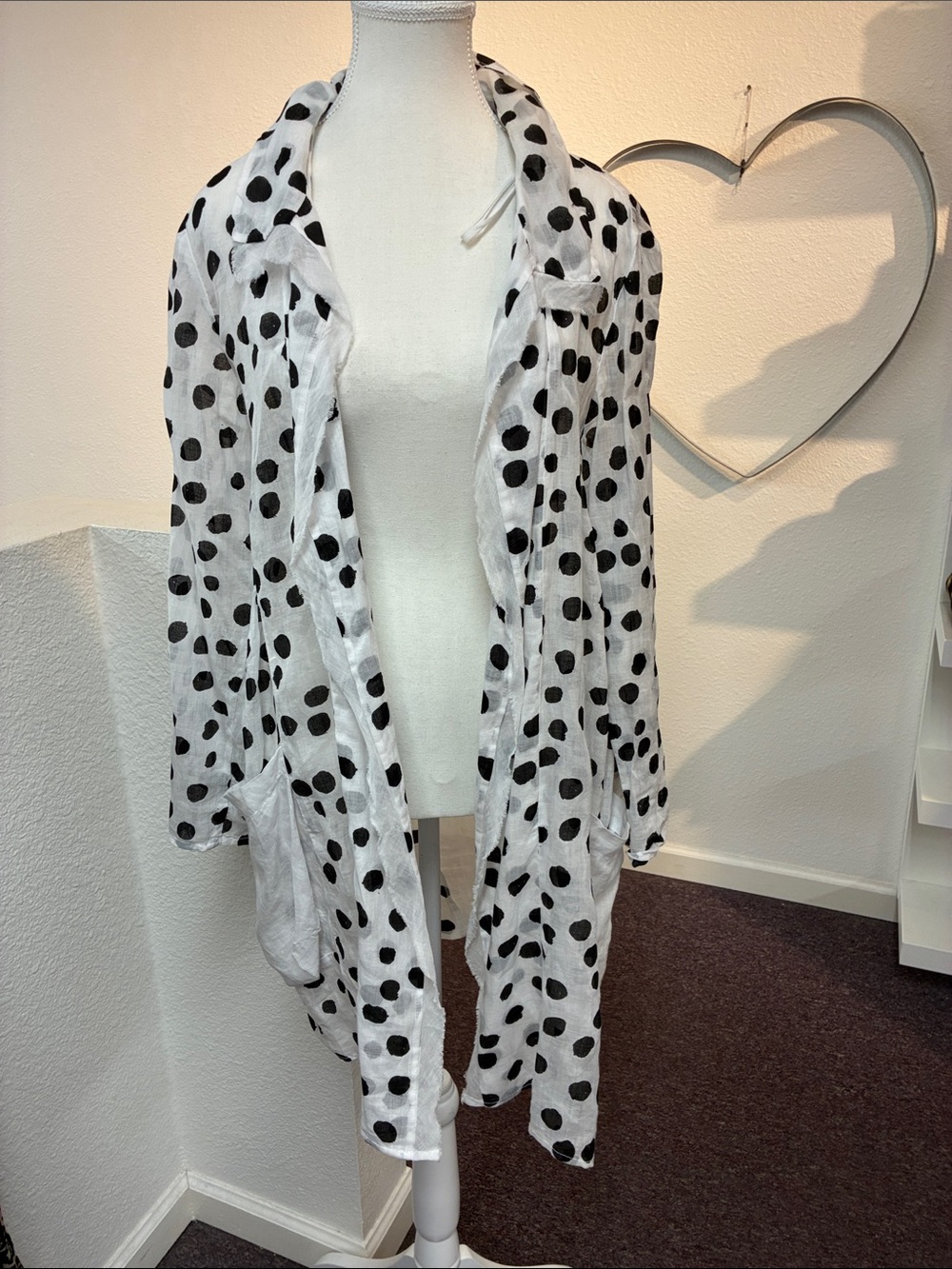Banana Blue Lightweight White Linen Duster Cardigan Black Polka Dots Size M